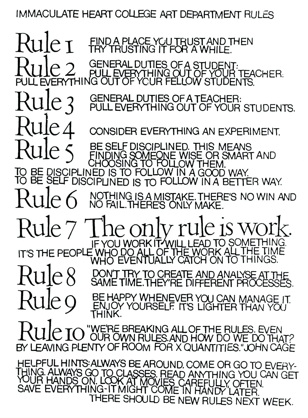 Corita Kent’s Immaculate Heart College Art Department Rules poster