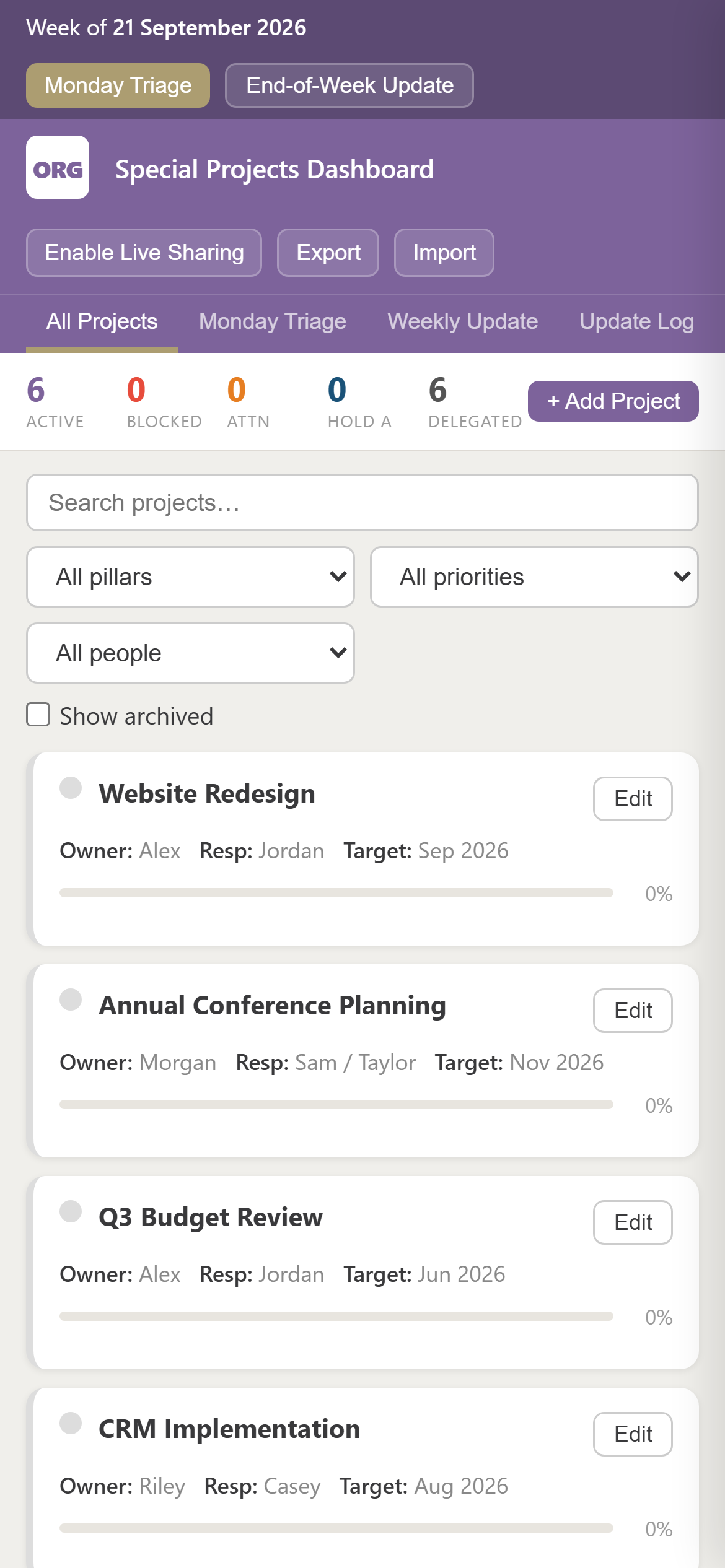 Actual project dashboard mobile demo showing project cards, owners and priorities