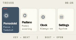 TrevOS simulator launcher with Pomodoist, Padlano, Clock and Settings
