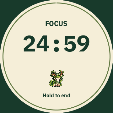 Moss simulator focus screen with a 24:59 countdown and resting woodland creature