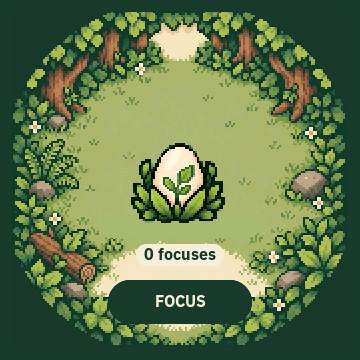 Moss simulator home screen with a woodland egg, zero completed focuses and a Focus button