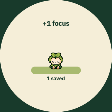 Moss simulator completion screen celebrating one completed focus session