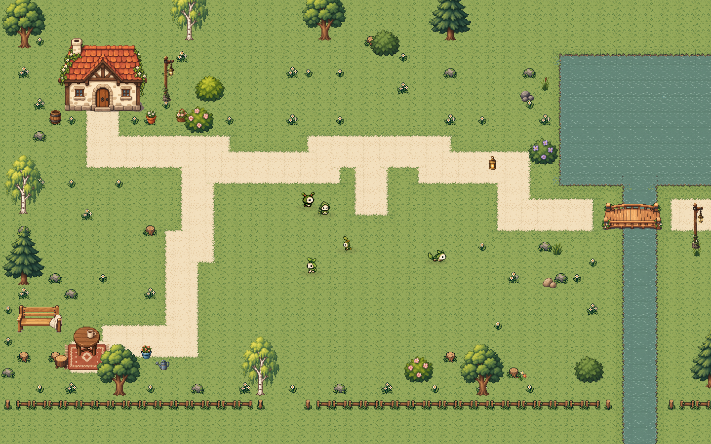 The Moss garden rendered with five test creatures, a cottage, pond, bridge and a seating nook