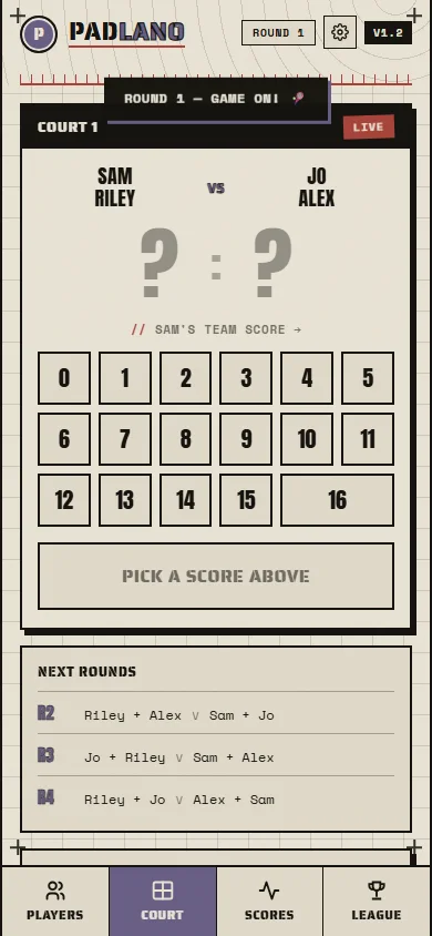 Padlano court scoring screen with four synthetic players