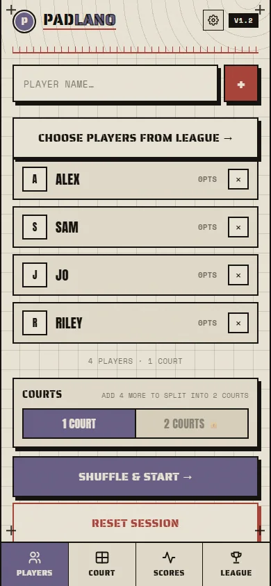 Padlano player setup screen with four synthetic names