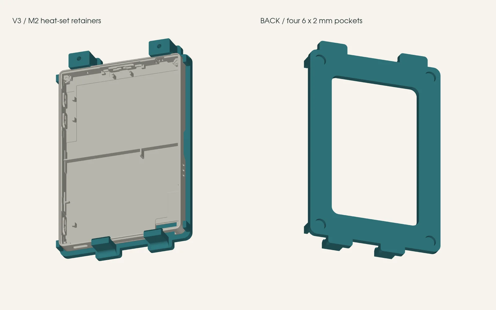 Front and back of the 3D-printed fridge cradle with retainers and magnet pockets