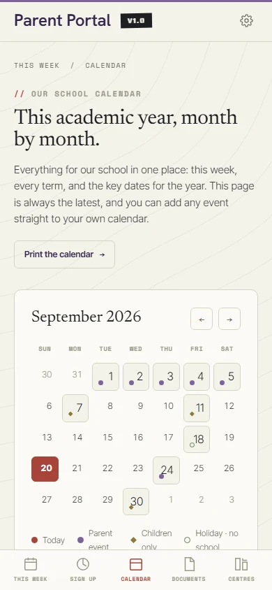 De-identified mobile school calendar with event categories