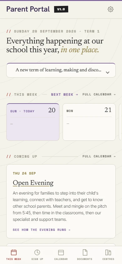 De-identified parent portal on mobile, showing school updates and upcoming events