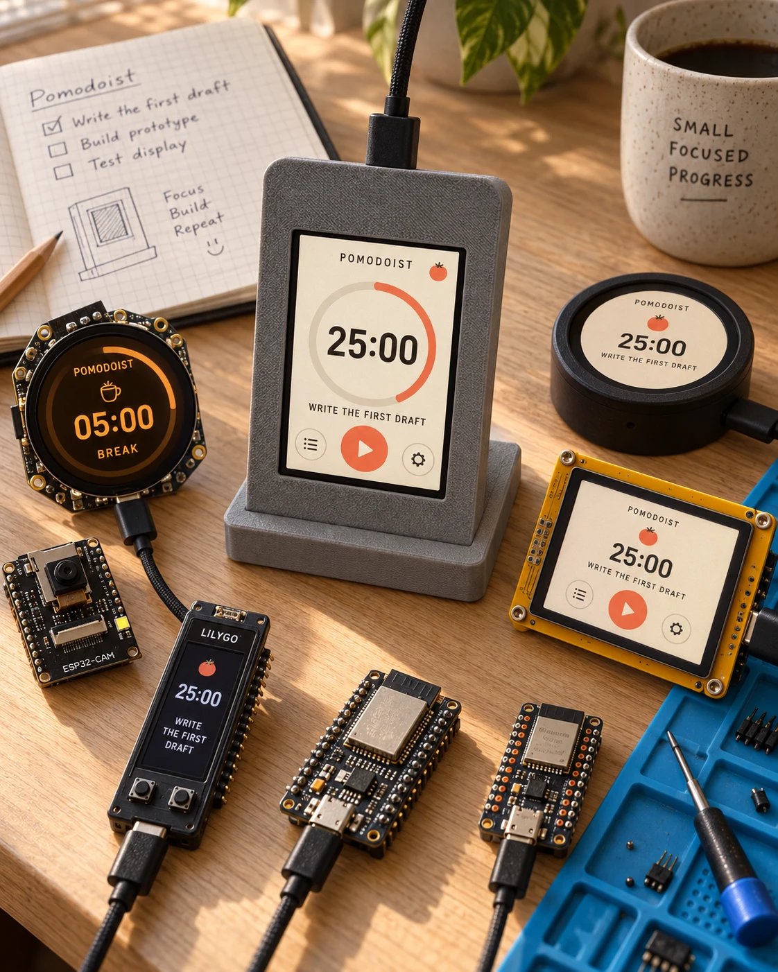 AI-generated desk scene of the Pomodoist timer enclosure and development boards