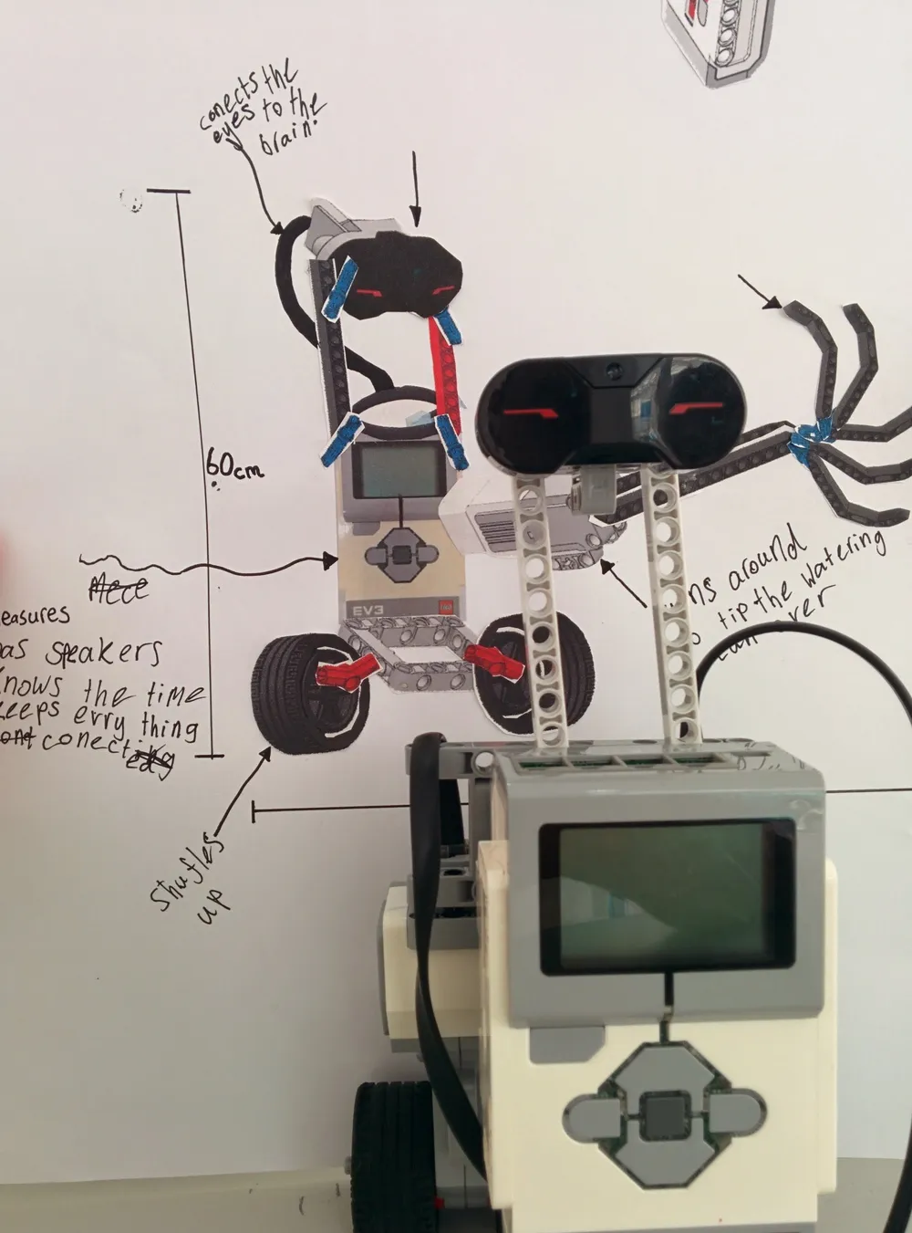 A LEGO robot with sensors in front of a drawn design