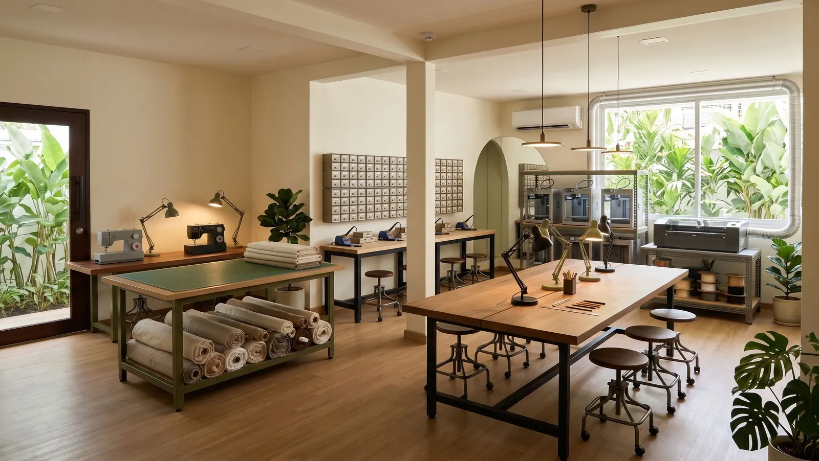 Concept render of a fabrication studio with sewing machines, 3D printers and shared making tables