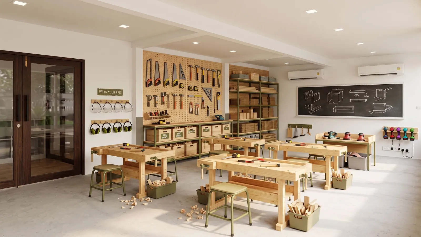 Concept render of a woodshop with shared benches, hand tools, materials storage and protective equipment