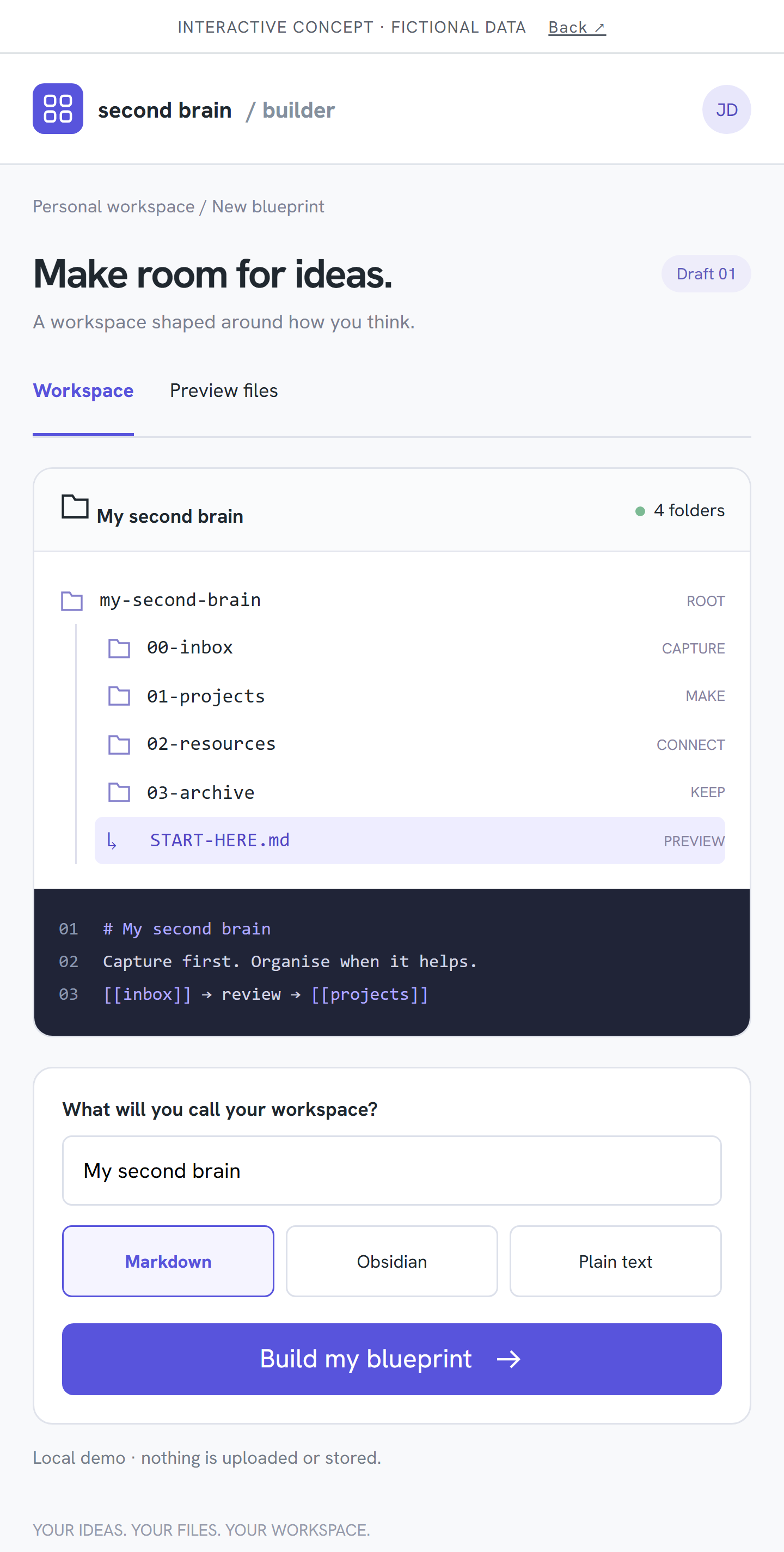 Second Brain Builder interactive interface concept: workspace file tree, file preview and blueprint controls.