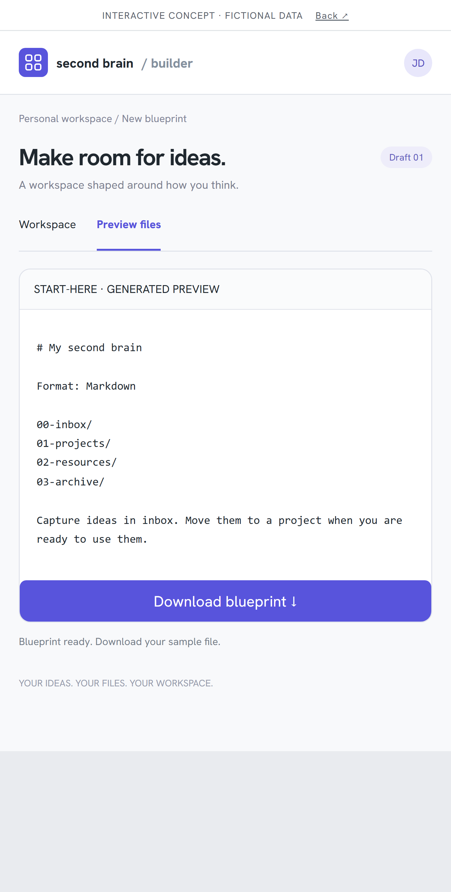 Second Brain Builder interactive interface concept: secondary app view with fictional sample content.