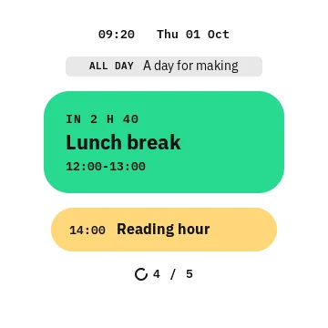 Cal firmware simulator showing fictional lunch and reading activities