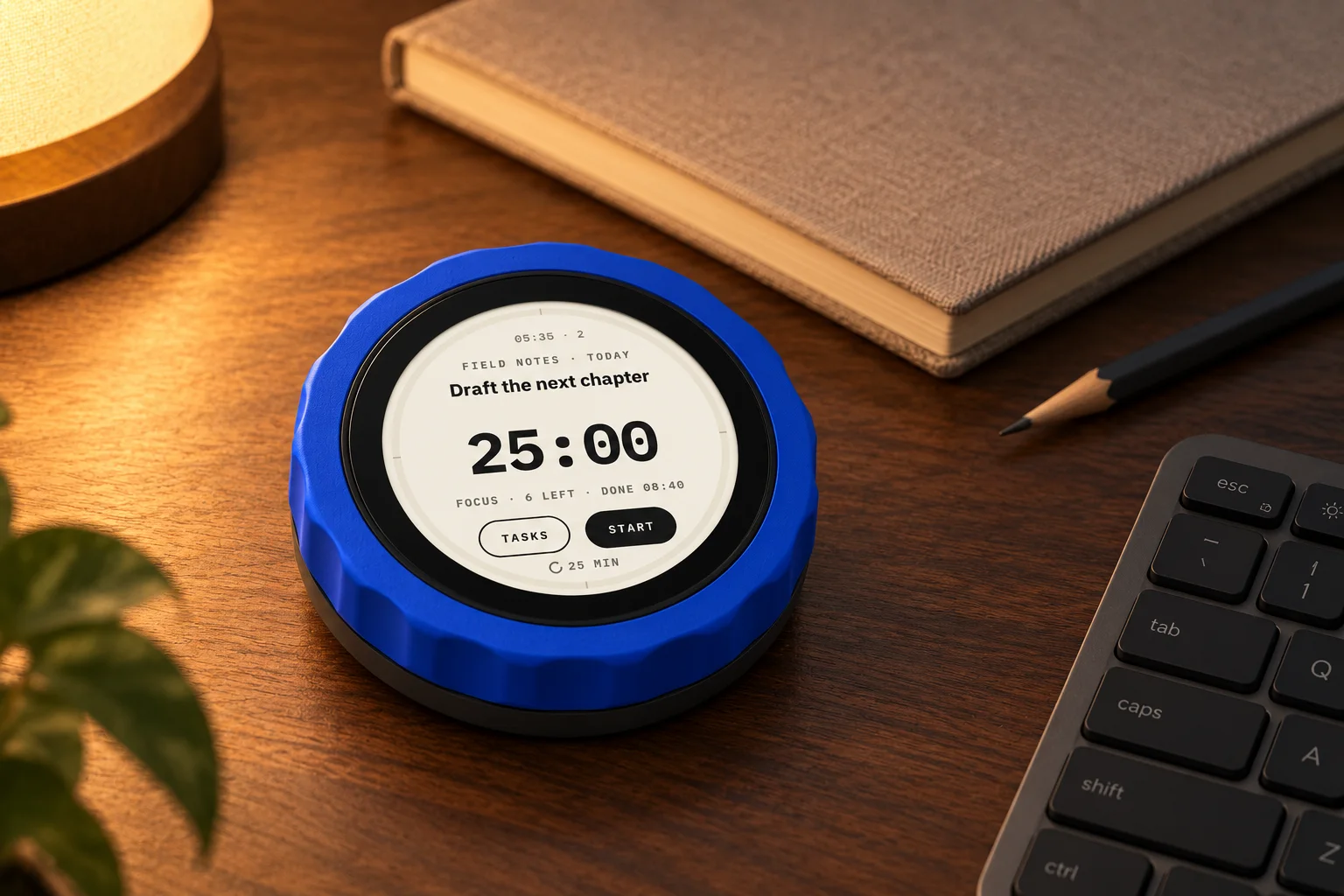 AI-generated evening desk scene with a TrevOS focus puck, notebook and keyboard