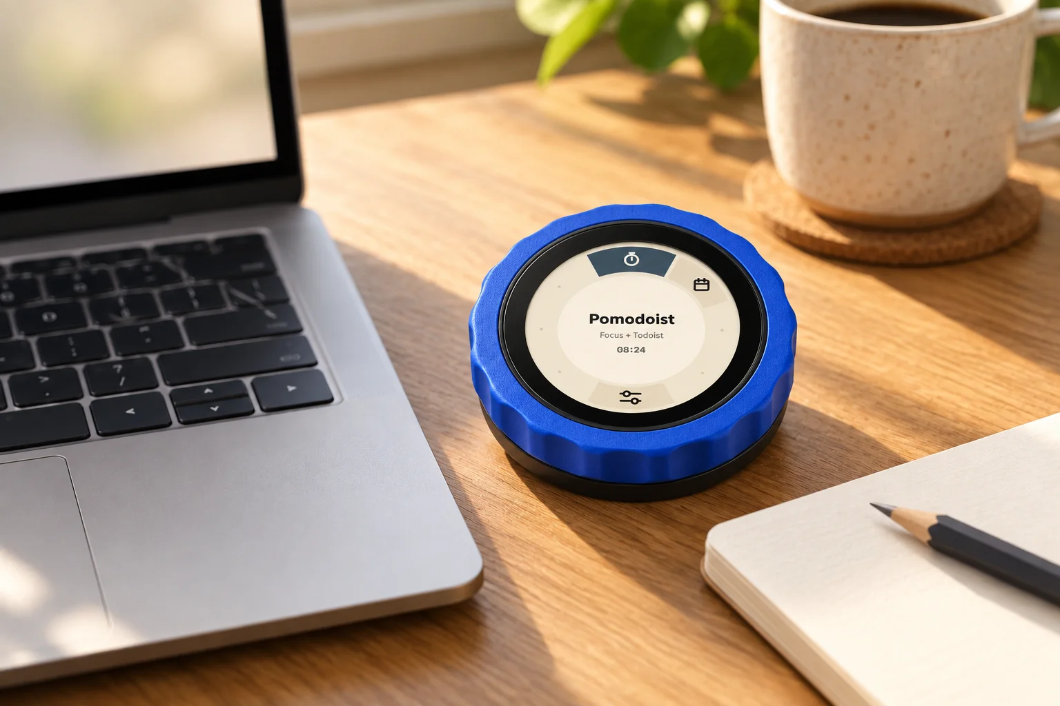 AI-generated desk concept with the blue TrevOS puck beside a notebook