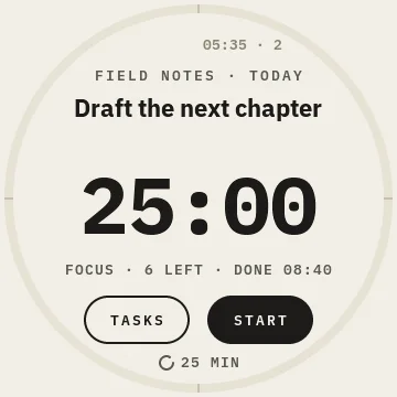 Pomodoist firmware simulator with a fictional writing task and 25-minute timer