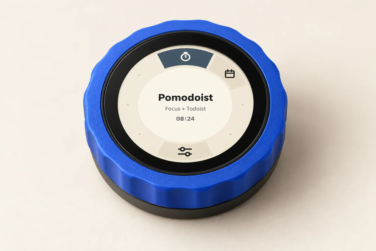AI-generated concept of the TrevOS desk puck with a blue dial and launcher screen