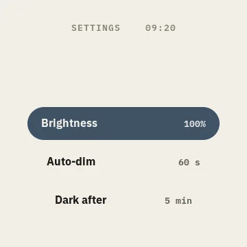 TrevOS shared settings in the firmware simulator, showing brightness and idle timings
