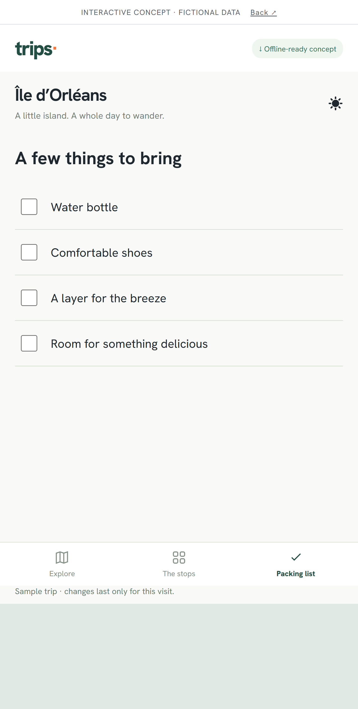Trips interactive interface concept: secondary app view with fictional sample content.