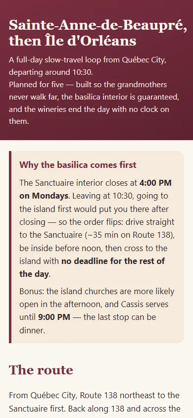 Trips guide viewed on a phone: the day plan and why the basilica comes first