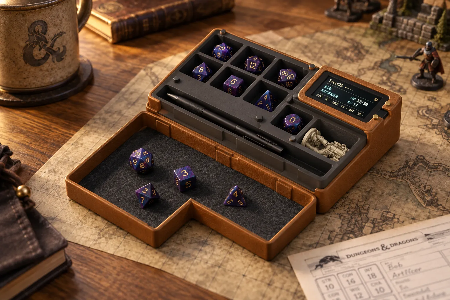 AI-generated Turnkeep concept with dice and a character display on a gaming table