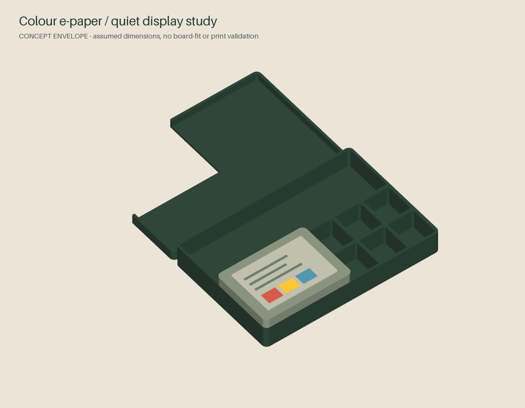Conceptual Turnkeep case with a colour e-paper display envelope