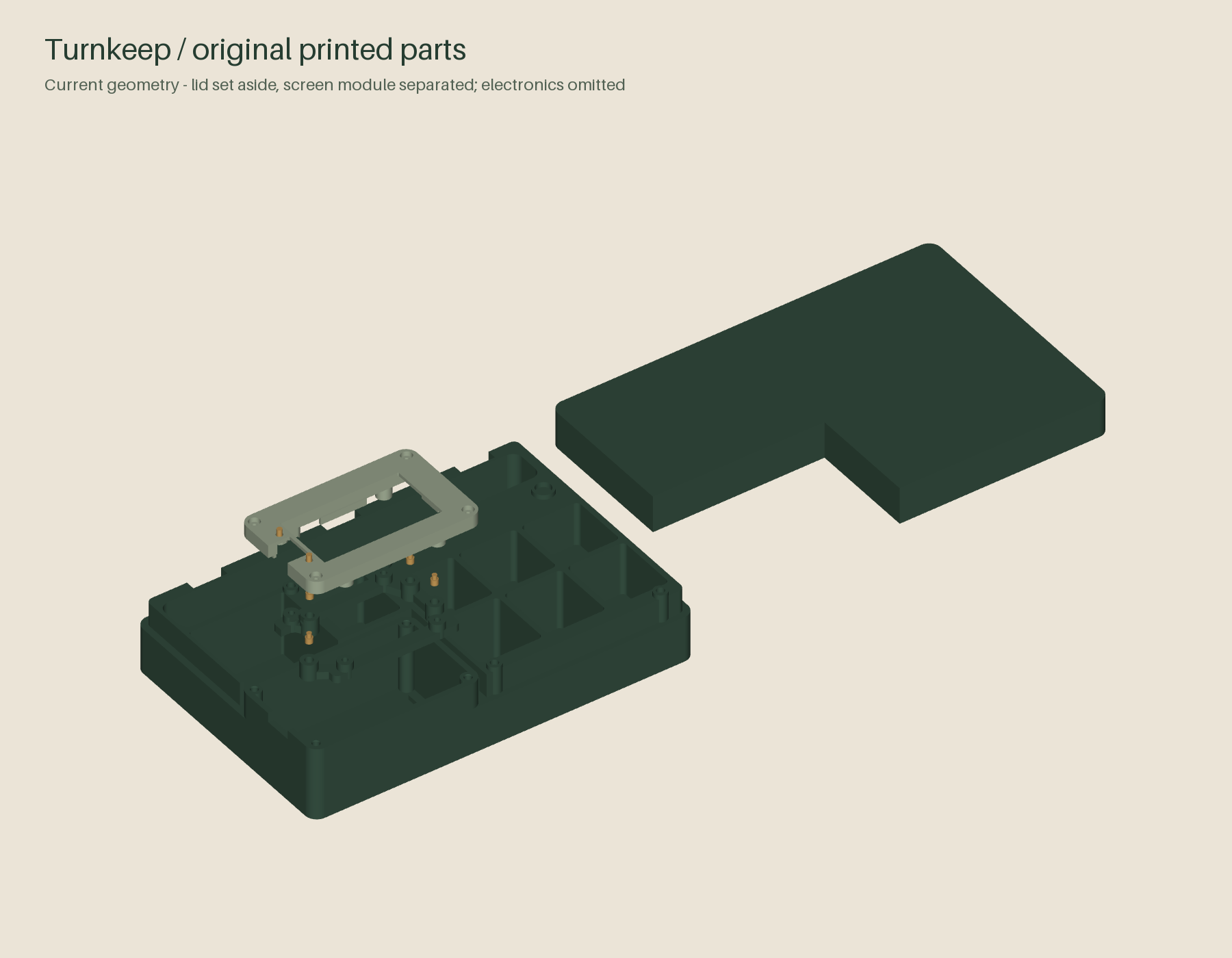 Exploded CAD view of the current body, L-shaped lid and screen module