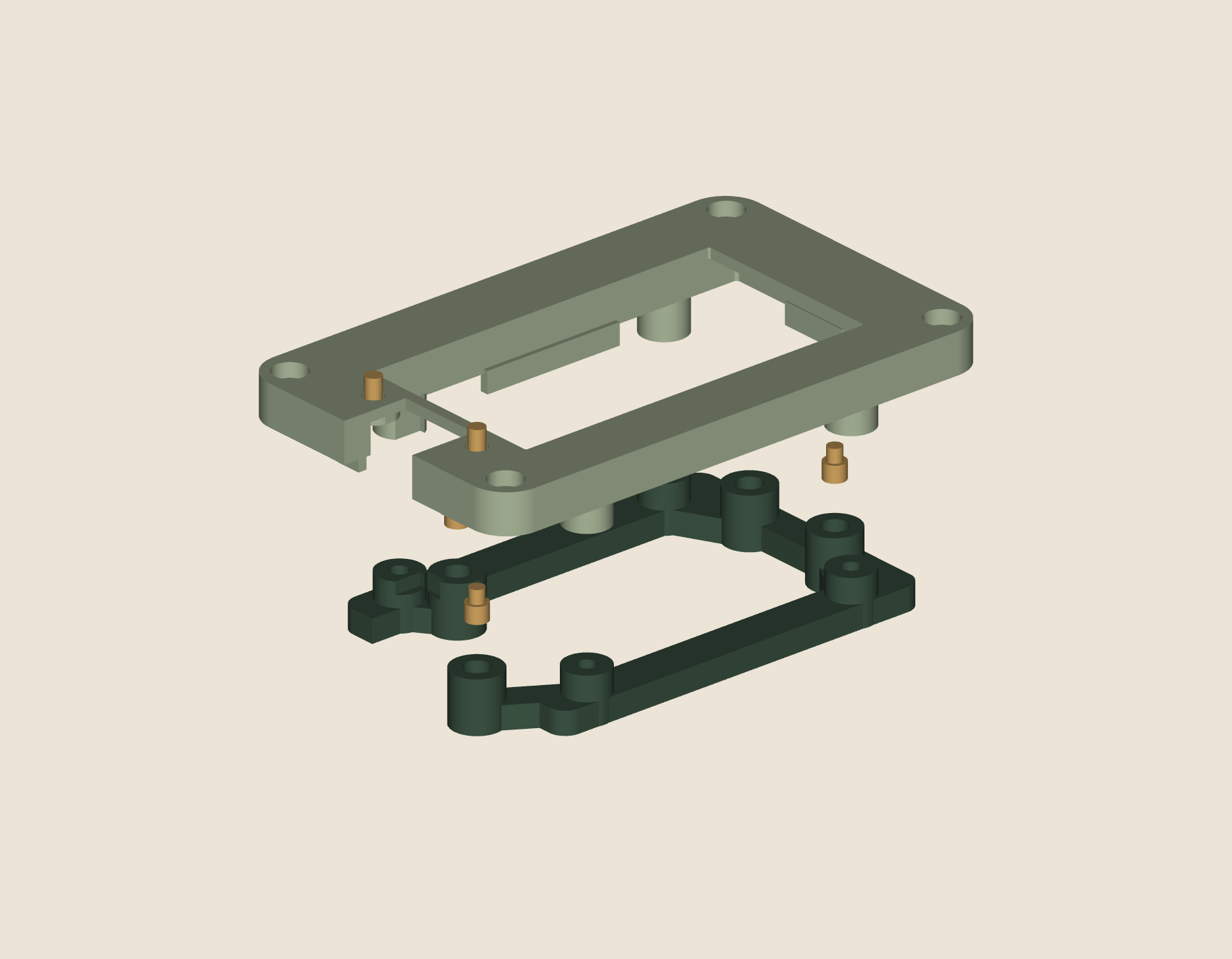 CAD exploded view of the original v0.3 faceplate, buttons, insulating supports and adjustable rear carrier; electronics omitted