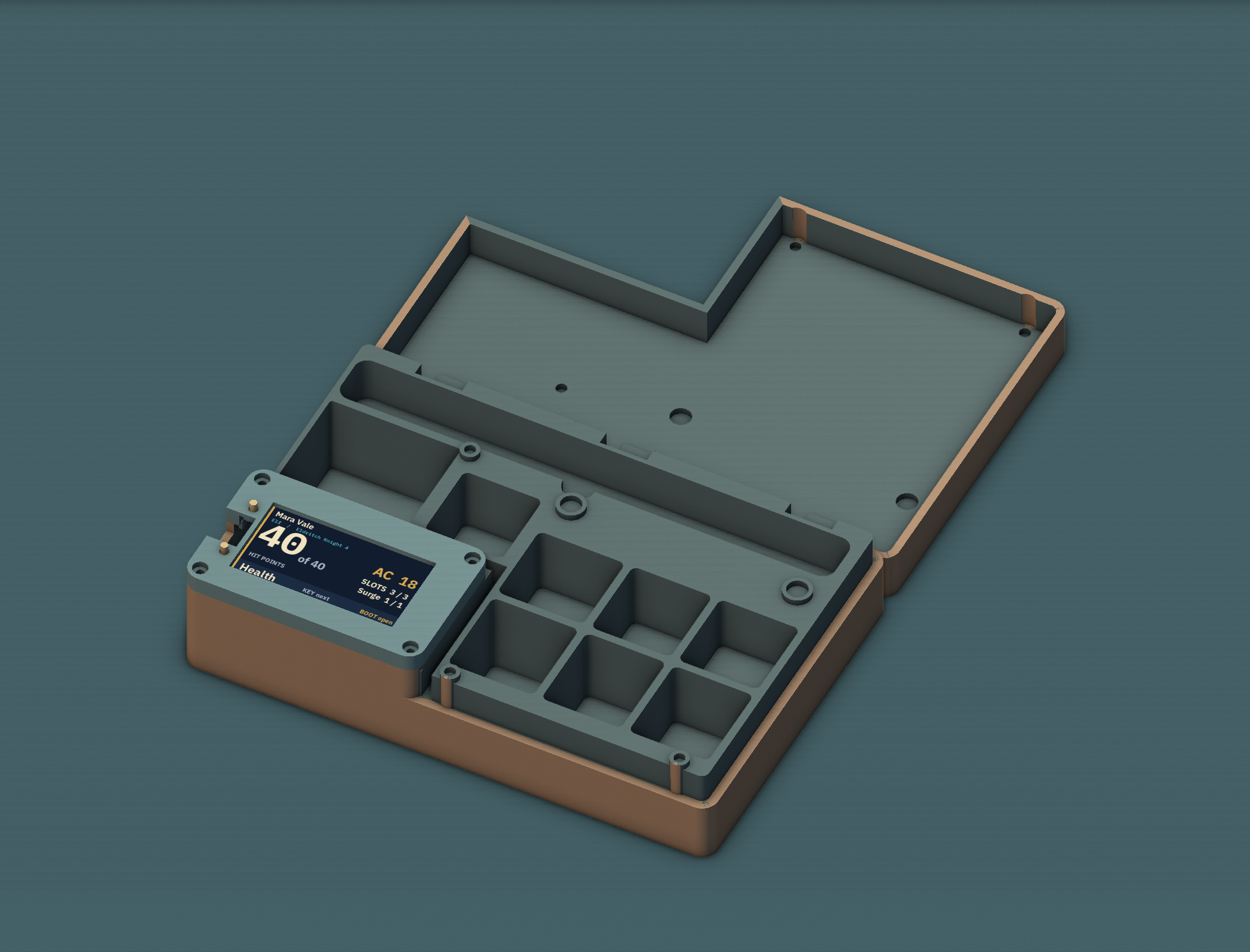Actual Turnkeep CAD model, open and docked, with the real firmware screen
