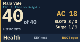 Actual simulator view of synthetic character Mara Vale: 40 of 40 hit points, AC 18, slots 3 of 3, surge 1 of 1