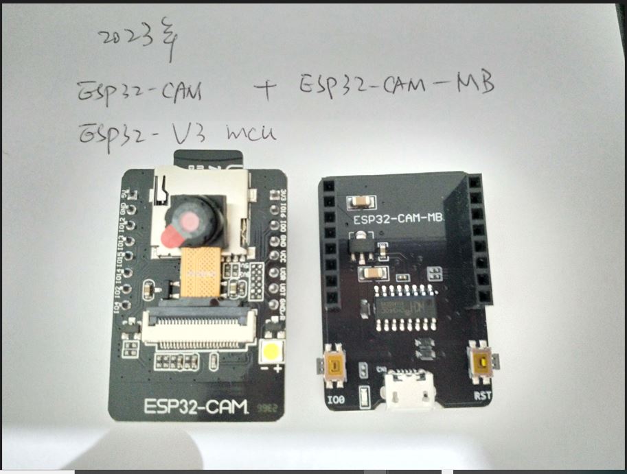 Reference photograph of an ESP32-CAM ribbon-camera board next to its ESP32-CAM-MB micro-USB dock