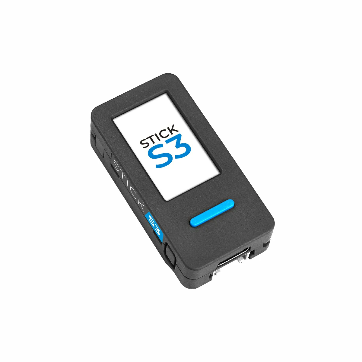 Official photograph of the black M5Stack StickS3 with its blue front button and color display